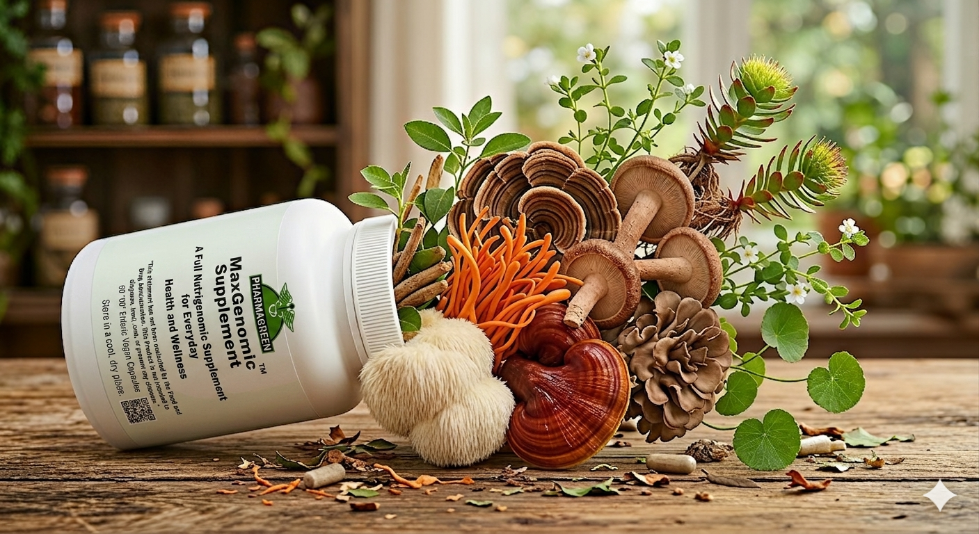 MaxGenomic bottle bursting with whole mushrooms and herbs